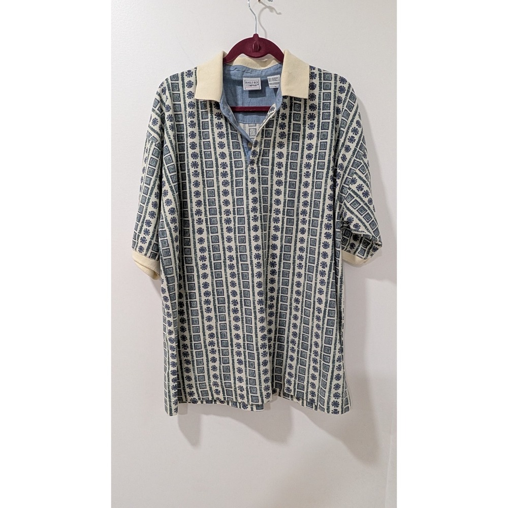 Vintage Bugle Boy Company Polo Shirt Mens XL Geometric Floral Stripe Blue Green